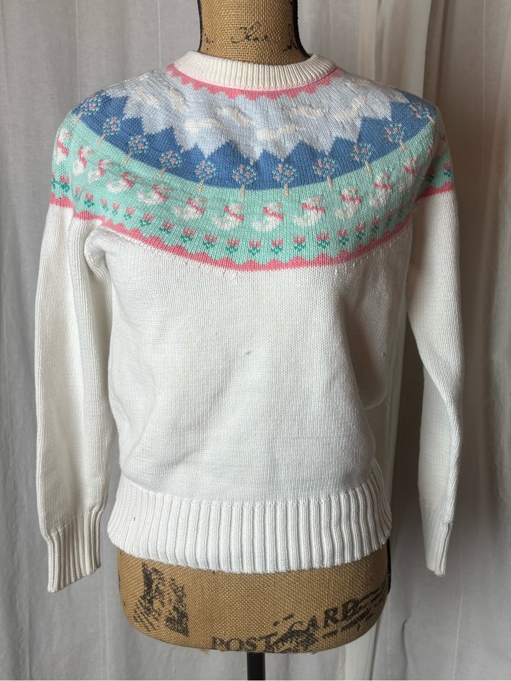 Eddie Bauer Vintage Fair Isle Sweater Ducks Farm Pastel White Cottagecore Small